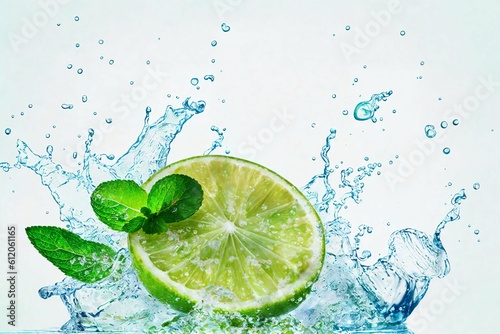 Lime and mint in water splash on a white background. Close up. AI-generated