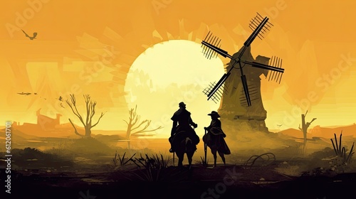 Don Quixote and Sancho Panza: A Colorful Illustration of the Classic Spanish Novel with Windmill and Rider in Background. Generative AI photo
