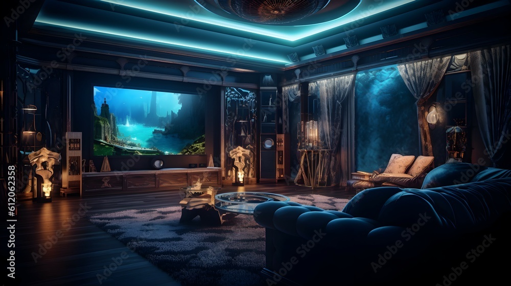 luxury home cinema room. generative AI illustration. luxury home cinema room. generative AI illustration.