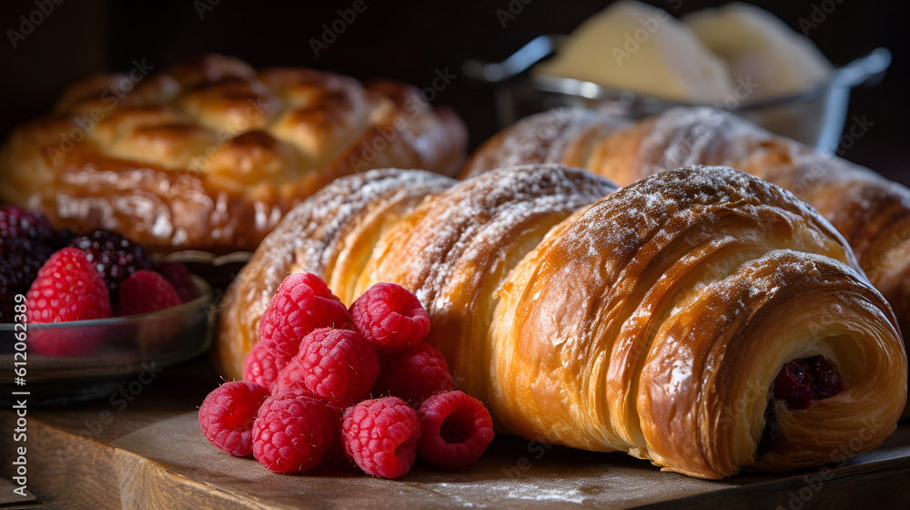  Crispy French croissants with fresh raspberries and blueberrieson .on a wooden cutting board. ..