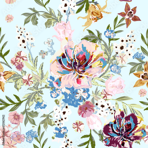 Fashion vector seamless pattern watercolor flowers tulips, florals, cosmos