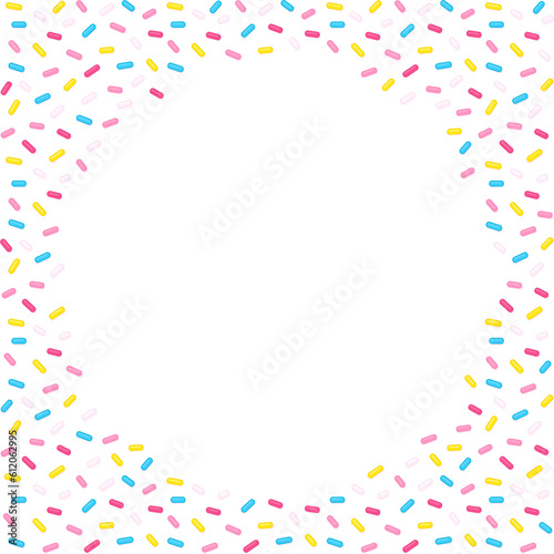 Sugar sprinkles circle frame on transparent background. Donut glaze or birthday cake decoration.
