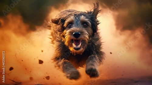 Cinematic photo battle dog battlefield dog vest tactical dog on the beach