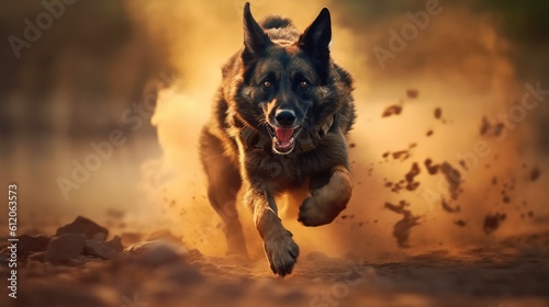 Cinematic photo battle dog battlefield dog vest tactical german shepherd dog on the beach photo