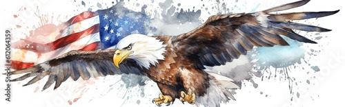 American focus eagle in flight  with American flag watercolor paint
