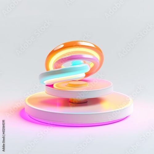Shopping store elegant product display, premium product podium stand. Showcase ring made of sleek acrylic glass futuristic material. Neon colored. Minimal interactive technology design. Generated AI.