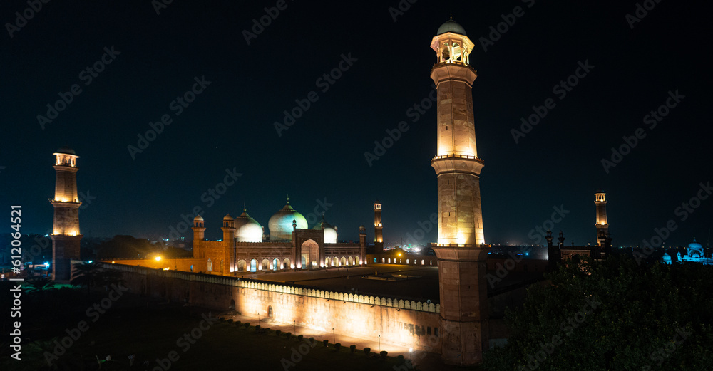 night view of Badshahi mosque in Lahore, Pakistan