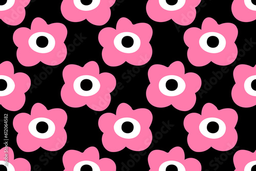 Contrast pink, black and white colors. Cute blooming Sakura flowers. Botanical, floral, cartoon nature illustration. Trendy, stylish, fashionable, seamless vector pattern for design and decoration.