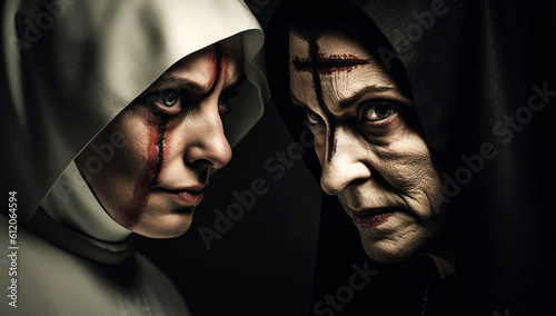 Fotografia An evil cursed nun with black horror devil eyes, looks at the camera on a black background