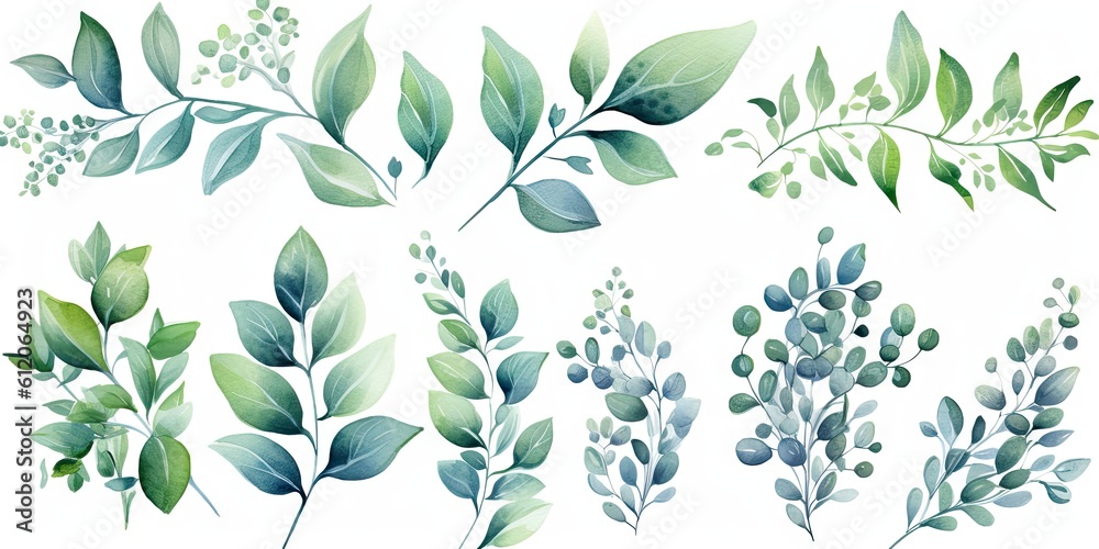 Watercolor Leaf Set on White Background isolated. Nature vintage leaf collection and branch Watercolor flora art in green design Generative AI illustrations