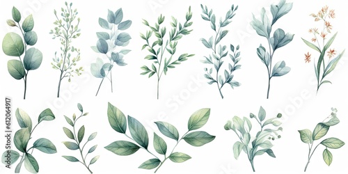 Watercolor Leaf Set on White Background isolated. Nature vintage leaf collection and branch Watercolor flora art in green design Generative AI illustrations © Thares2020