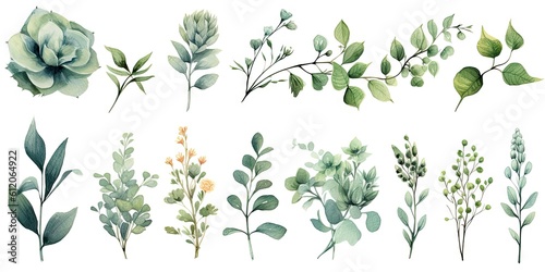 Watercolor Leaf Set on White Background isolated. Nature vintage leaf collection and branch Watercolor flora art in green design Generative AI illustrations