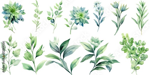 Wallpaper Mural Watercolor Leaf Set on White Background isolated. Nature vintage leaf collection and branch Watercolor flora art in green design Generative AI illustrations Torontodigital.ca