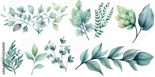 Watercolor Leaf Set on White Background isolated. Nature vintage leaf collection and branch Watercolor flora art in green design Generative AI illustrations © Thares2020