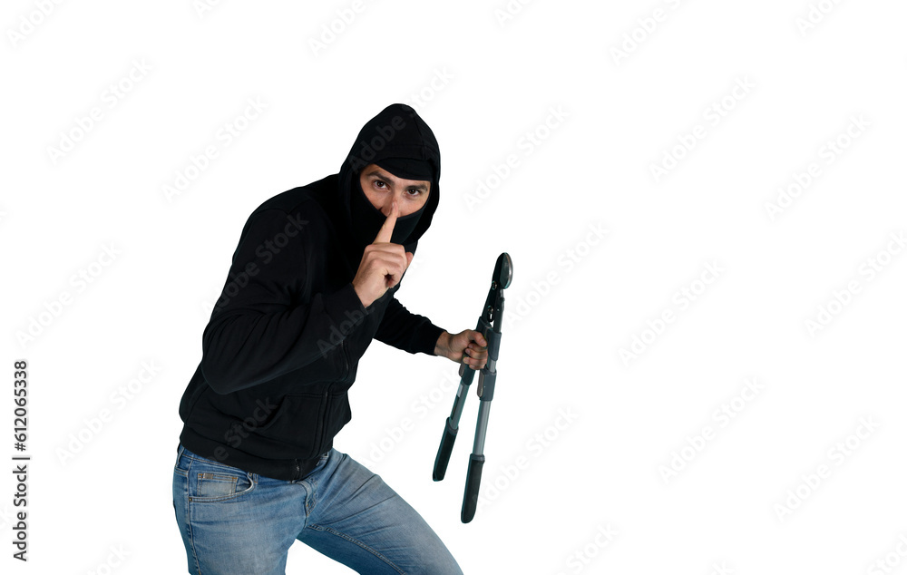 Thief with balaclava acts in silence to steal apartments with wire cutters in hand Thief with balaclava acts in silence to steal apartments with wire cutters in hand