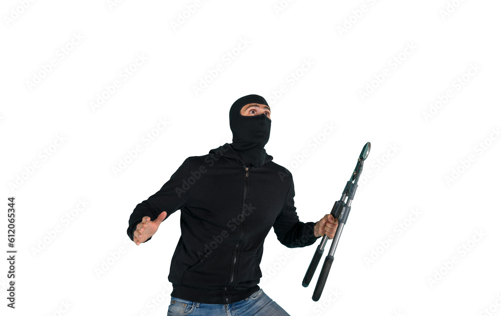 Thief with balaclava acts in silence to steal apartments with wire cutters in hand Thief with balaclava acts in silence to steal apartments with wire cutters in hand