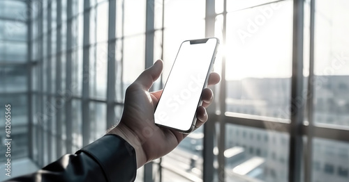 Man's hand with a mobile phone with a cut-out screen on a modern urban background. Business concept. Based on Generative AI