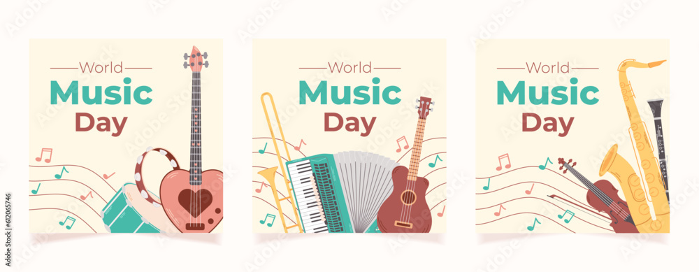 Set of square banners for the celebration of world music day. Colored backgrounds with various musical instruments and notes. Vector flat illustration.