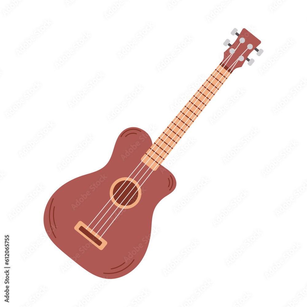 Wooden acoustic guitar isolated on white background. String musical instrument. Vector cartoon illustration.