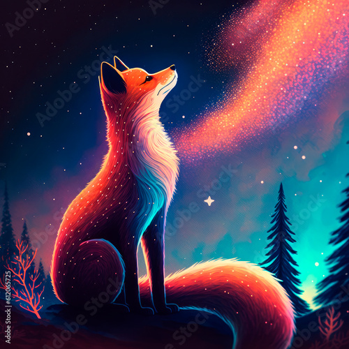 Enchanting Fox Gazing at Night Sky, Witnessing a Pink and Violet Aurora Borealis. Generative Ai