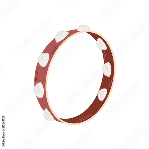 Tambourine or buben isolated on white background. Folk percussion music instrument. Colored flat vector illustration.