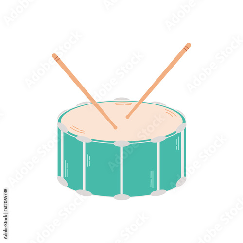 Green drum with two drumsticks on a white background. Percussion musical instrument. Vector cartoon illustration.