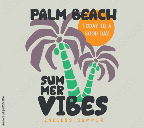 Hand Drawn Tropical Island Vector Illustration with Isolated Elements. Sunset on the Beach with Palm Trees and Calm Sea. Works Well on Posters, Cards and Invitations or as a T-Shirt Print. © basws