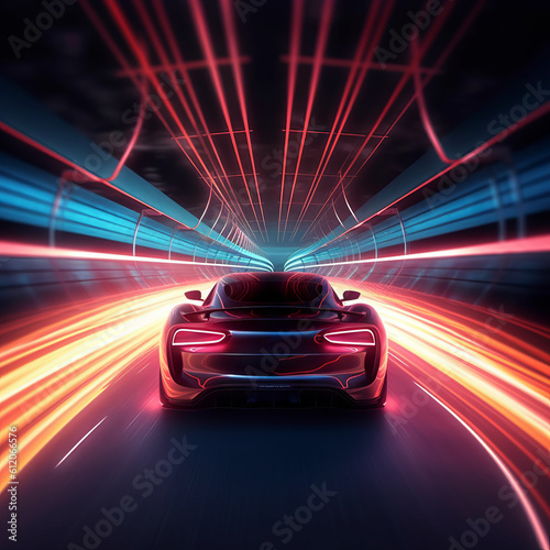 Sport car racing through tunnel with neon lights trails. Made with Generative AI.  © Paul