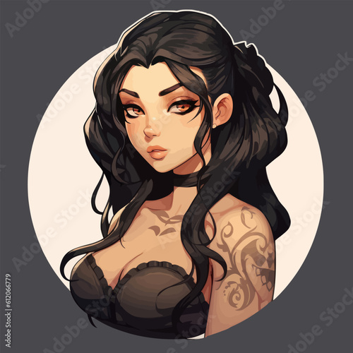 Sexy cartoon brunette with tattoos. Vector illustration.