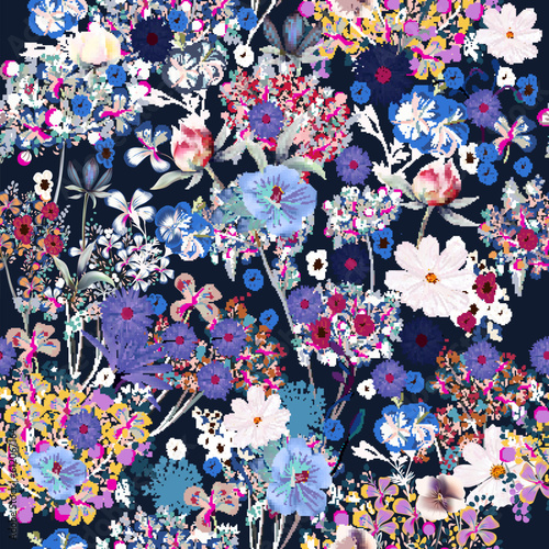 Fashion vector seamless pattern colorful flowers  on navy blue back
