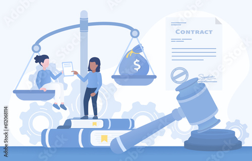 Business contract concept. Legally binding agreements in business transaction terms, conditions, contract signing. Flat vector design illustration.