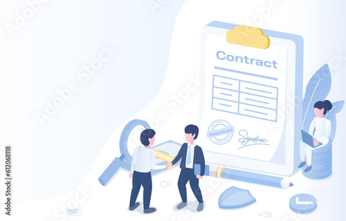 Business people meeting to discuss investment and negotiation. Handshake between business partners. Contract signing, successful completion of the deal. Isometric vector illustration with copy space.