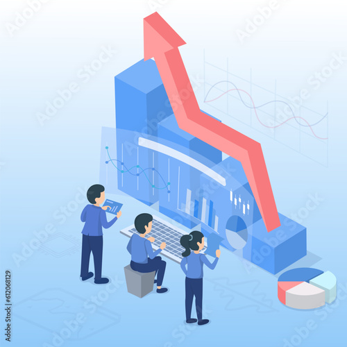 Business startup ideas concept. Arrow pointing to growth management strategy, tactical plan, marketing report, analysis database. Isometric 3D vector design illustration with copy space.
