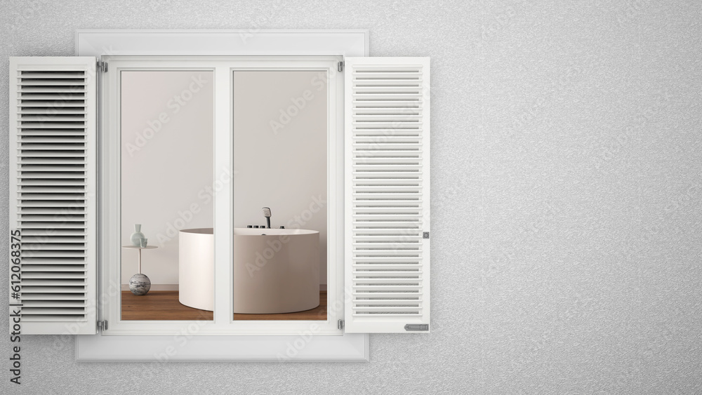 Exterior plaster wall with white window with shutters, showing minimal white bathroom, blank background with copy space, architecture design concept idea, mockup template Exterior plaster wall with white window with shutters, showing minimal white bathroom, blank background with copy space, architecture design concept idea, mockup template