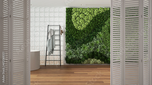 White folding door opening on minimal bathroom with bathtub and vertical garden, bright parquet floor, modern interior design, architect designer concept