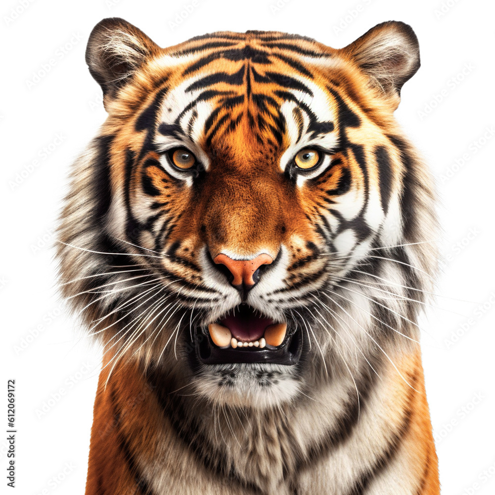 Close-up of an angry tiger face isolated. Head front view. Generative AI Close-up of an angry tiger face isolated. Head front view. Generative AI