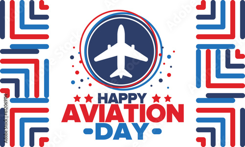 National Aviation Day in United States. Holiday, celebrated annual in August 19. Design with airplane and american flag. Patriotic element. Poster, greeting card, banner and background. Vector