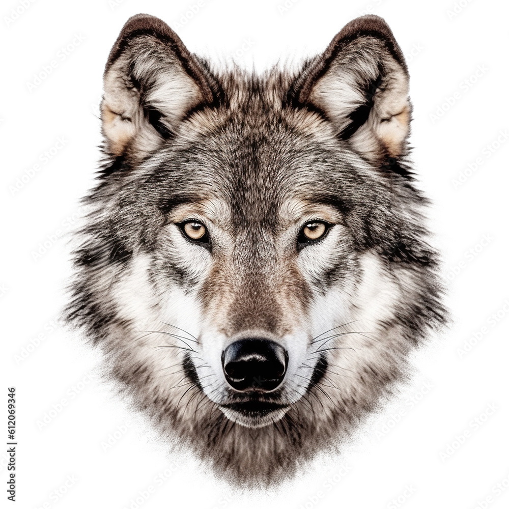 Close-up of wolf face isolated. Head front view. Generative AI