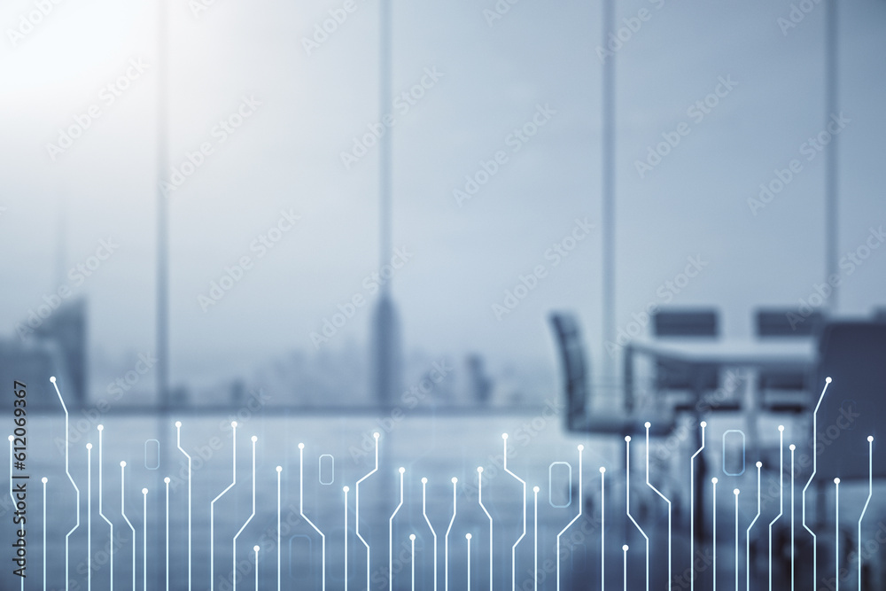 Abstract virtual micro chip hologram on a modern coworking room background, artificial intelligence and machine learning concept. Multi exposure Abstract virtual micro chip hologram on a modern coworking room background, artificial intelligence and machine learning concept. Multi exposure