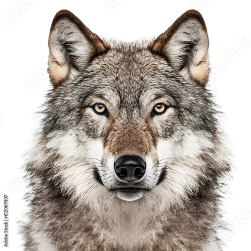 Close-up of wolf face isolated. Head front view. Generative AI