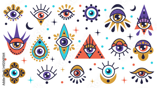 Magic eye. Evil symbols. Ra eyeballs. Flat doodle triangle. Ethnic mystical see with eyelashes and tears. Mason or Greek esoteric. Spiritual elements set. Vector tidy abstract design
