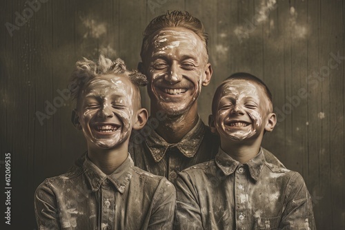 Dad and two sons with shaving foam on their faces have fun spending time together. Ai Generative AI
