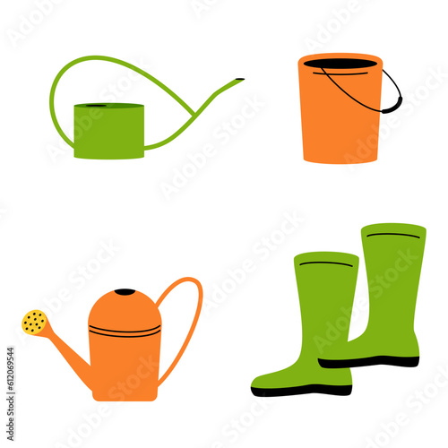 Garden tools. Farming work instruments. Gardening equipment. Watering can. Rubber boots. Grdeners bucket. Vegetable growing. Plastic water pail. agriculture flat elements set