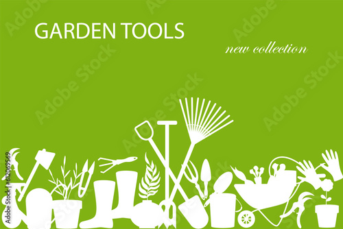 Garden tools. Farming work instruments. Gardening equipment collection. Silhouette wheelbarrow and bucket. Plants agriculture cultivating. Shovel and pitchfork. green poster