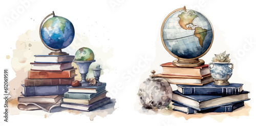 books and globe on white. 	Globe and books in watercolor style. Vector
