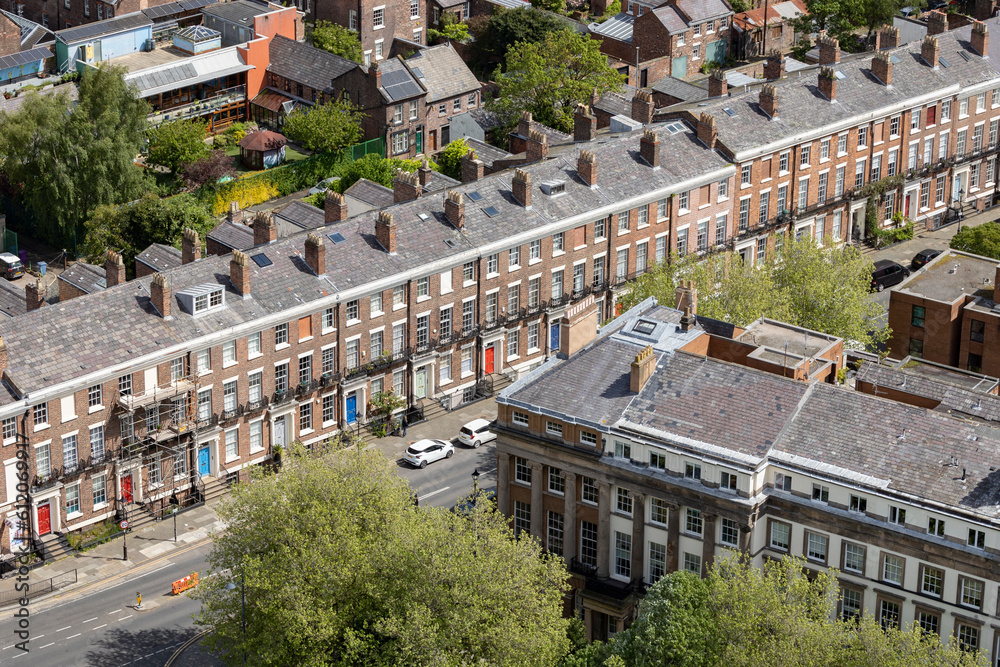 Fototapeta premium Liverpool, united kingdom May, 16, 2023 terrace Brick houses in Liverpool, England