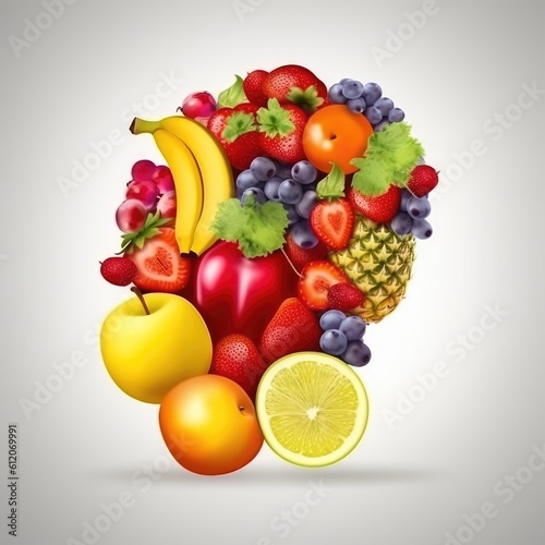 Brain with fruits concept of healthy living and eating