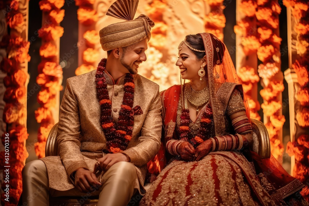 Indian Hindu couple at wedding ceremony, Tradinational Indian wedding mandap, Generative AI