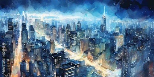 Obraz New York after dark: night skyline, cityscape, streets and landmarks painted with watercolor and oil. Generative AI