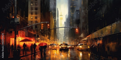 Canvas Print New York City at night, street art with taxi, a watercolor painting captures urban life and iconic yellow cabs